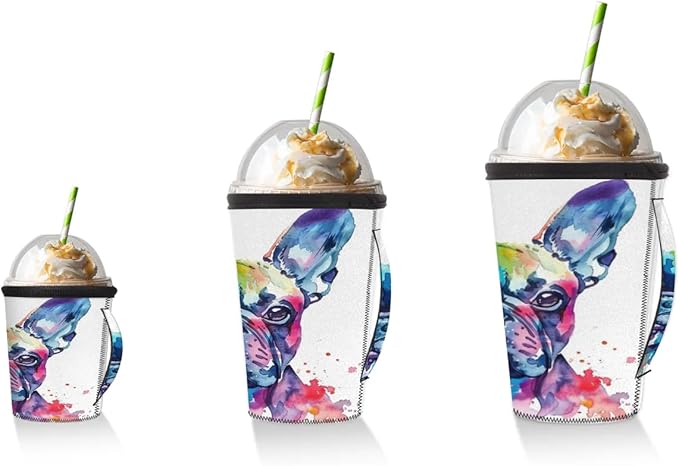 Reusable Iced Coffee Sleeve with Handle, Watercolor French Bulldog Neoprene Cup Sleeve Dog Pattern Insulator Cup Holder for Cold Drinks Beverages 30oz - 32oz