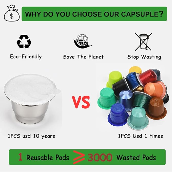 Reusable Capsules for Nespresso OriginalLine, 6pcs Refillable Espresso Pods Stainless Steel Coffee Pods Compatible for Nespresso Original Line Machines (6 Cups + 200 Lids)