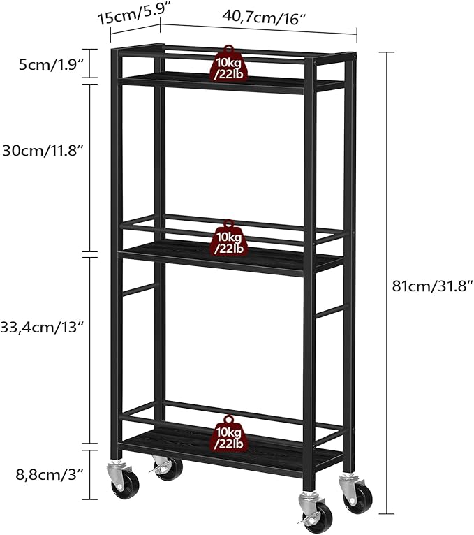 Slim Rolling Cart, Mobile Kitchen Cart on Wheels, Narrow Storage Cart for Small Space, Wooden Service Cart, for Bathroom, Laundry, Living Room, Black RCHB1501