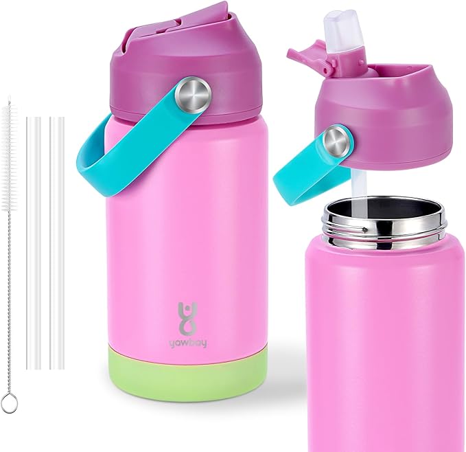 Kids Insulated Water Bottle with Straw Lid & Silicone Handle,12oz Kids Leak Proof Water Bottle for School Boys Girls,Double Wall Vacuum Stainless Steel with Non-slip Silicone Base(Pink)