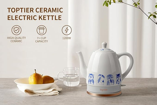 Toptier Electric Ceramic Tea Kettle, Boil Water Quickly and Easily, Detachable Swivel Base & Boil Dry Protection, Carefree Auto Shut Off, 1.5 L, Greedy Cat