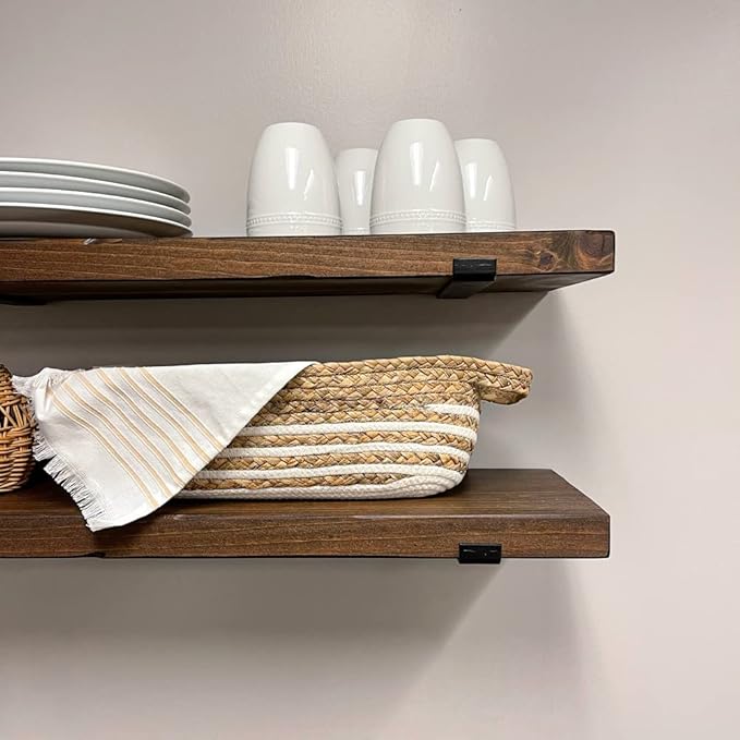 Rustic Shelves with J-Brackets Set of 2, Industrial Shelf, Kitchen Shelves, Solid Wood, Decorative Wall Storage, Heavy Duty, URBANDI (Provincial, 12Wx8D)