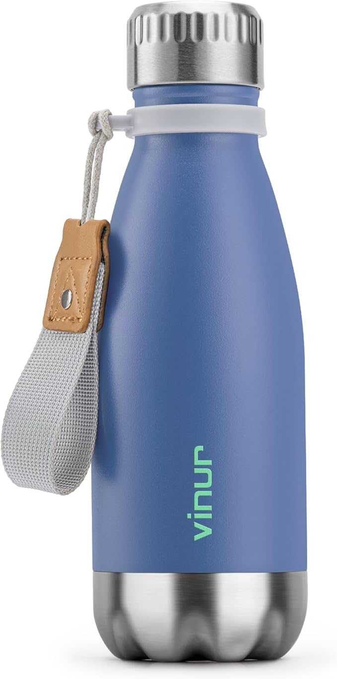 VINUR 9 oz Small Water Bottle for Kids-Stainless Steel Vacuum Insulated Water Bottle for School-Cola Shape Leak Proof Flask with Carry Rope, Royal Blue