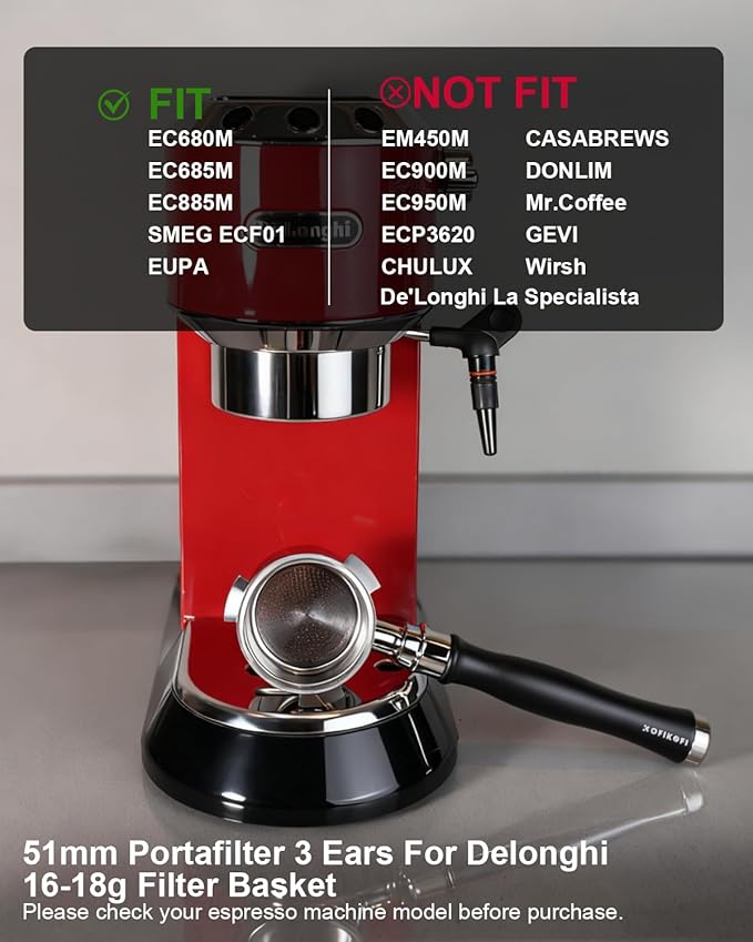 51mm Bottomless Portafilter 3 Ears Compatible with Delonghi Dedica EC680/EC685/EC885 and SMEG, EUPA Espresso Machines, Espresso Naked Bottomless Portafilter with Puck Screen and 18g Filter Basket