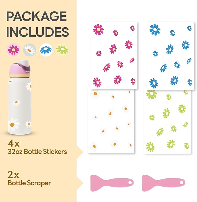 4PCS Daisy Stickers for Owala Water Bottle, Stickers Waterproof Compatible with Urban Outfitters Owala Bottles, Tumbler Cup Accessories Decal Decorate