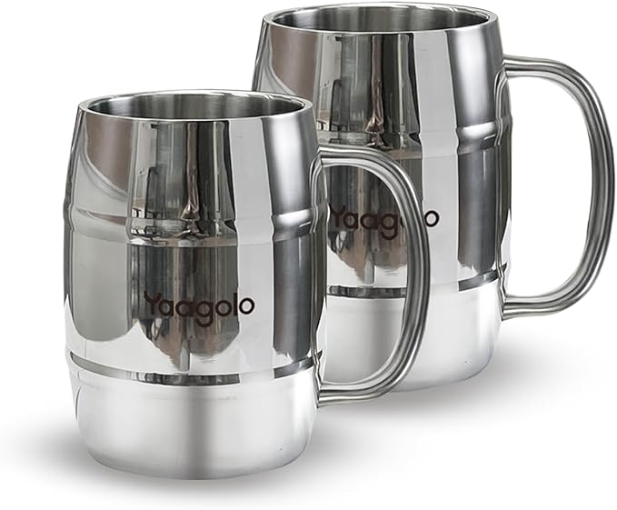 Beer Mug, 2 pack 14oz Double Wall Stainless Steel Beer Stein with Handle, Insulated Stein Mug for Cold Drinks, Hot Coffee, Milk, Shatterproof Cups for Men Women, Gift for Beer Lovers