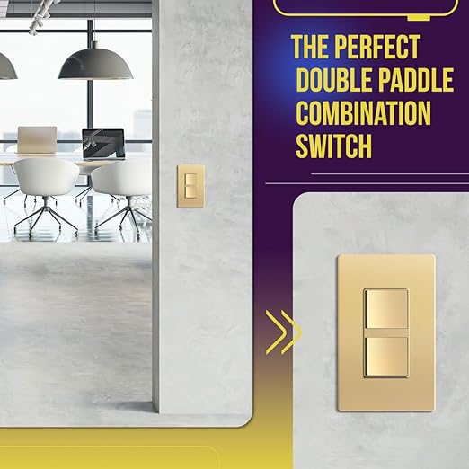 ENERLITES Double Paddle Rocker Decorator Switch, Ground Terminal, Clamp-Type Back Insert Wiring, Copper Wires Only, Single Pole, Residential/Commercial Grade, 15A 120-277VAC, 62834-GD, Gold