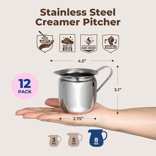 Fit Meal Prep [12 Pack] 8 oz Creamer Pitcher - Stainless Steel Bell Creamers, Mini Cup Container for Serving Milk, Coffee Cream, Salad Dressing, Maple Syrup, Espresso Machine for Restaurant, Cafes