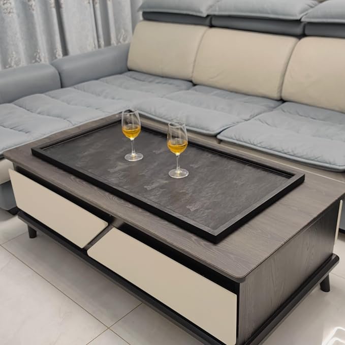 40 x 20 inches High-End Light Luxury Leather Rectangle Oversized Service Tray for Ottoman Tray, Coffee, Food, Family Dinner, Picnic, Party Essentials (Black, 40 x 20 inch)