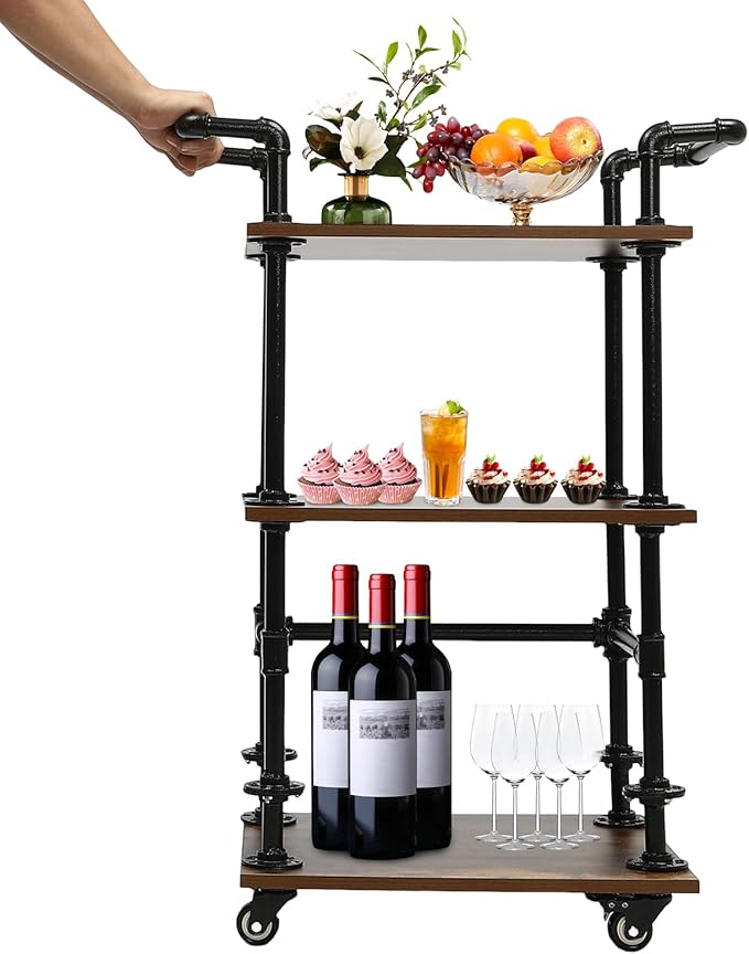 Industrial Bar Cart with Wheels, 3-Tier Rolling Kitchen Cart with Storage, Mobile Serving Cart for Wine Tea Liquor, Vintage Style for Home Bar Cafe