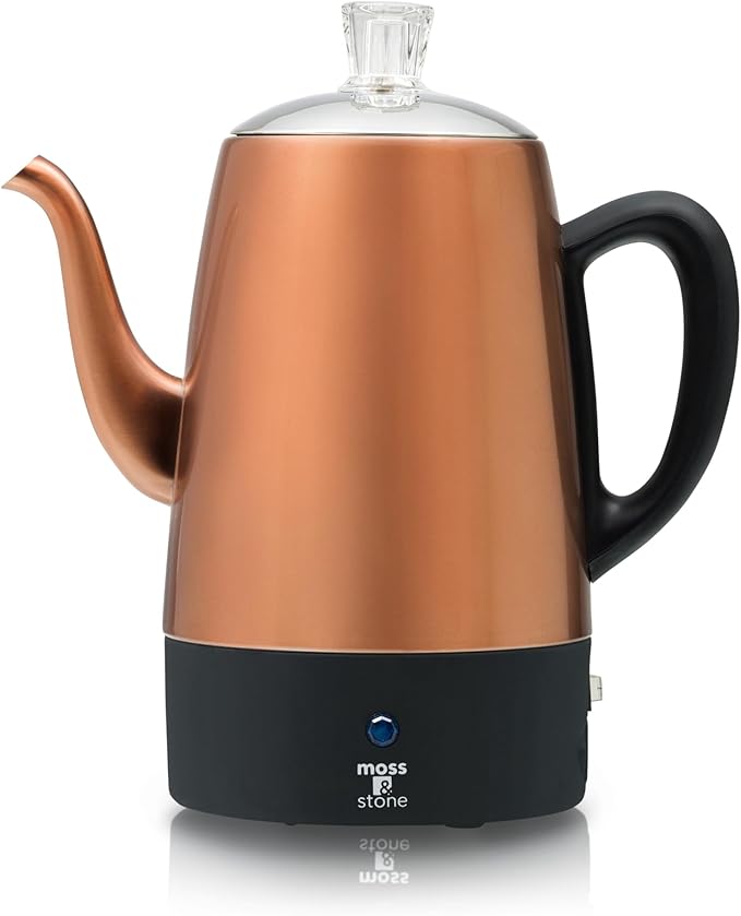 Moss & Stone 10 Cup Copper Percolator Coffee Pot Electric, Stainless Steel Coffee Percolator Electric With Keep Warm Function, Classic Perculator Pot With Removable Basket for Home or Office