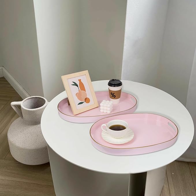 MAONAME Pink Serving Trays with Handles, Oval Decorative Trays for Coffee Table, Nesting Tray Set of 2, Plastic Vanity Tray for Ottoman, Living Room