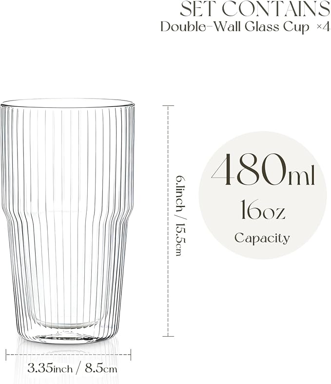 KEMORELA Iced Coffee Cups 16oz Ribbed Double Wall Glass Cups 2PCS, Coffee Bar Accessories，Insulated Borosilicate Glass Tumblers, To Go Coffee Cups, Spill proof tumbler,tumblers & water glasses