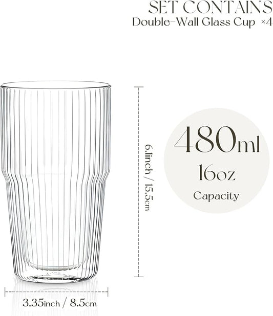 KEMORELA Iced Coffee Cups 16oz Ribbed Double Wall Glass Cups 2PCS, Coffee Bar Accessories，Insulated Borosilicate Glass Tumblers, To Go Coffee Cups, Spill proof tumbler,tumblers & water glasses