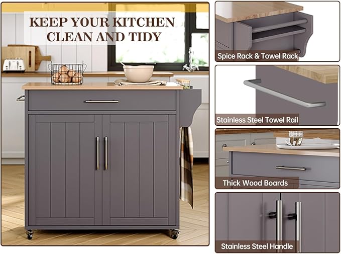 Kitchen Storage Island, Wooden Rolling Kitchen Island On Wheels with Countertop, Mobile Kitchen Island Cart with Towel Rack, Spice Rack and Drawers, Grey