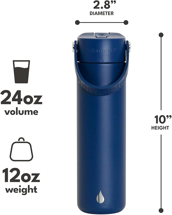 Elemental 24oz Insulated Water Bottle with Straw - 100% Leak-Proof Stainless Steel Core Water Bottles for Travel, Sports and Gym - Double Wall Insulation & BPA Free - Navy