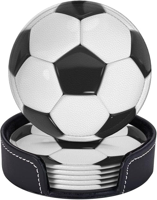 Football Soccer Coasters for Drinks with Holder Leather Coasters Set of 6 for Coffee Table