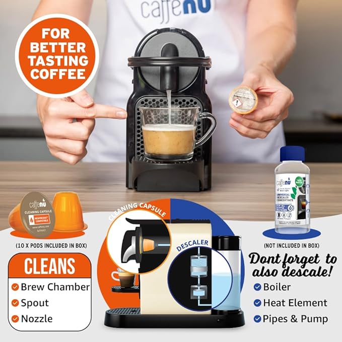Caffenu Nespresso Compatible Cleaning Pods. 10 Cleaner Capsules. Improved Coffee Flavor. For Nespresso Originaline, Use with Descaling Kit.