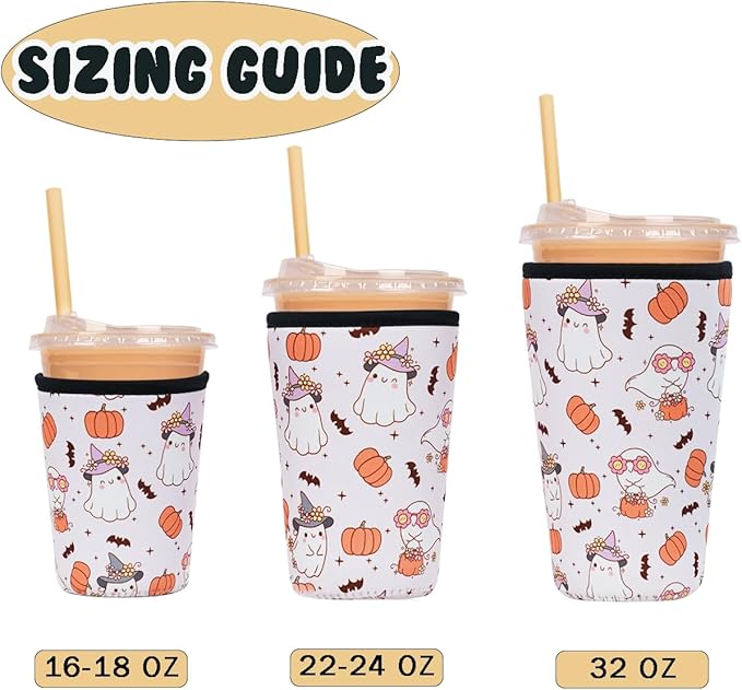 Reusable Insulated Neoprene Iced Coffee Cup Sleeve, Halloween Ghost for Boo Basket Stuffers, Durable Drink Sleeve for Cold Beverages, Beverage Holder for Iced Coffee, Halloween Spooky