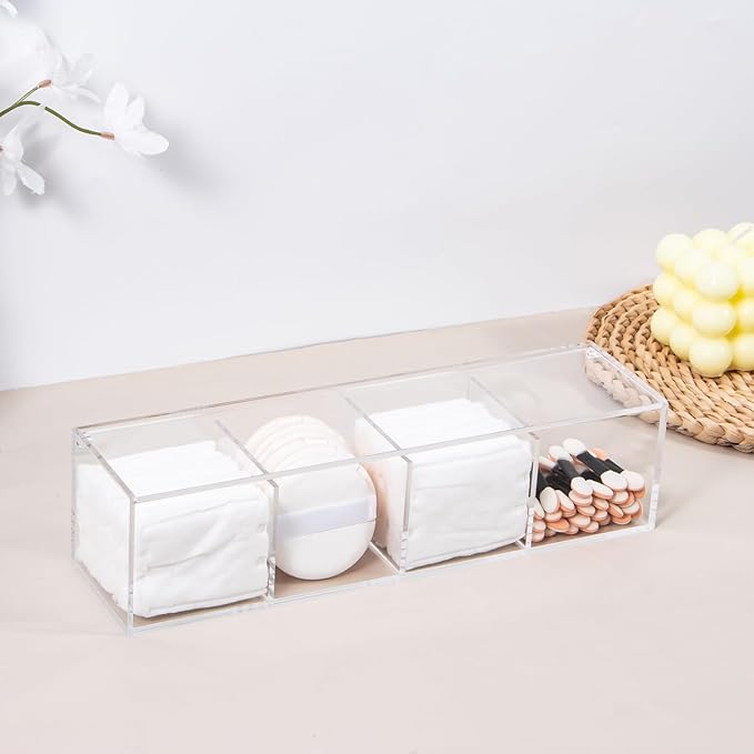 Yeeco Clear Acrylic Capsule Holder with Lid, 4 Section Rectangle Drawer crylic Organizer with Lid 10”×2.6”×2.6” 4 Compartments Desk Cube Containers for Jewelry，Candy，Coffee，Make Up Accessories