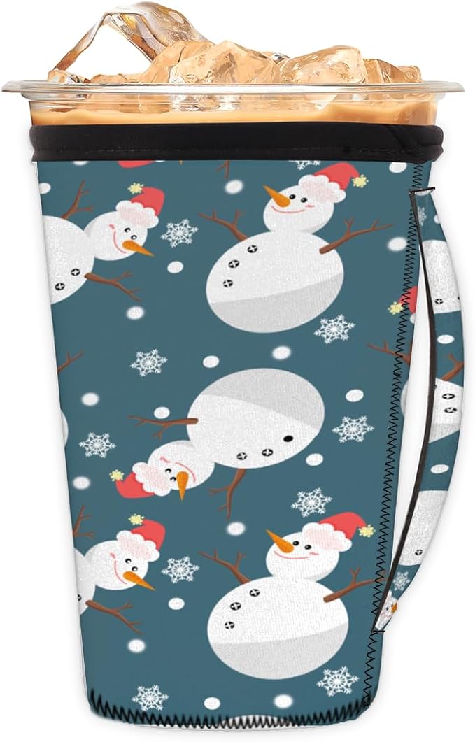 Snowman Reusable Insulator Coffee Sleeves for Drinks Beverages, Cute Snowman Christmas Neoprene Holder with Handle for Most Coffee or Ice Drink, 30-32oz