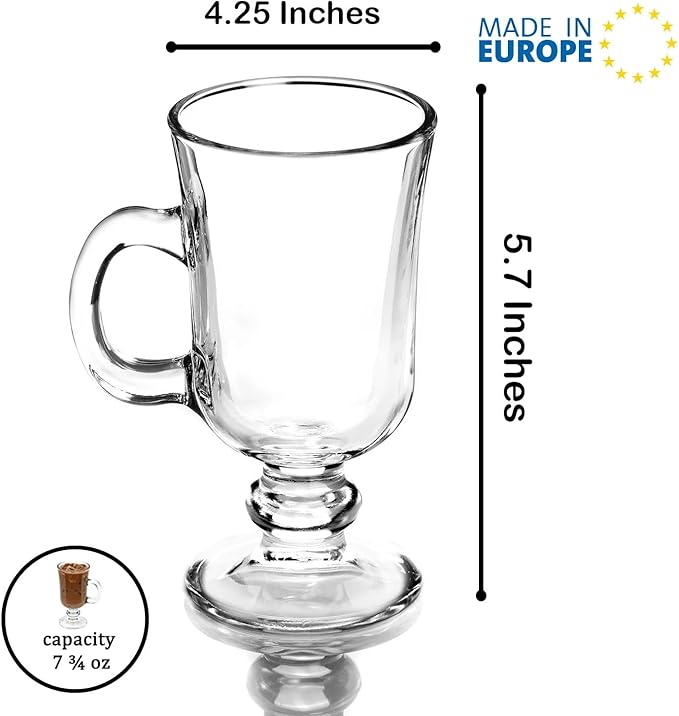 Volarium Irish Coffee Glass Mugs, Latte Cups, Set of 2 Cappuccino and Hot Chocolate Mugs with Handle, Clear Glass Cups for Hot Beverages, 7 3/4 oz