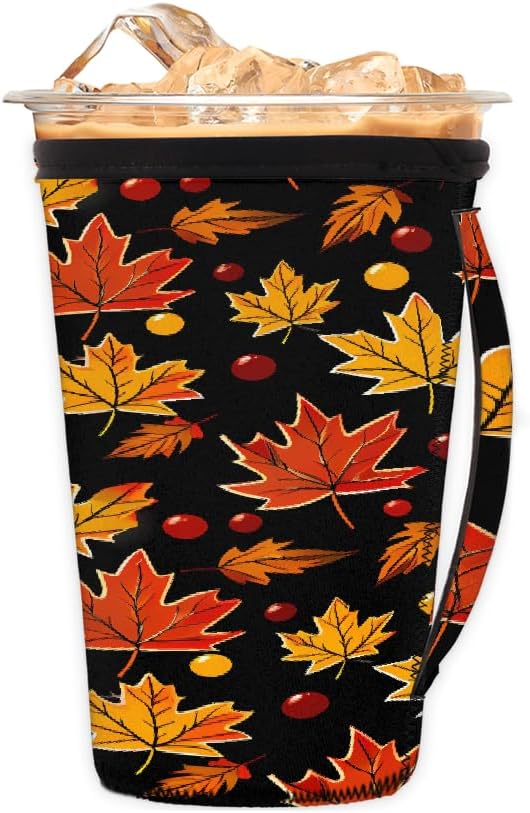 Reusable Iced Coffee Sleeve with Handle, Fall Autumn Maple Leaves Pattern Neoprene Cup Sleeve Insulator Cup Holder for Cold Drinks Beverages 16oz - 18oz