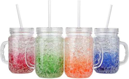 Lily's Home Old Fashioned Glasses with Lids Straws and Handles, 16 oz Set of 4 – Clear Acrylic Tumbler Cups with Color Accents, Reusable Party Drinkware for BBQ, Poolside, Outdoor Events & Home Bar