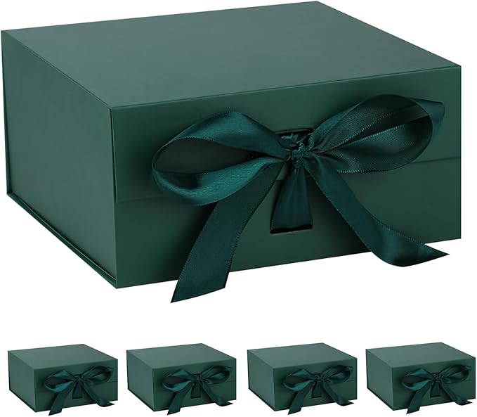 OEMVALATY Green Gift Box,14x12x5 Inches Gift Boxes with Lids for Presents with Magnetic Closure and Ribbon for Wedding,Storage,Birthday(5-Pack)