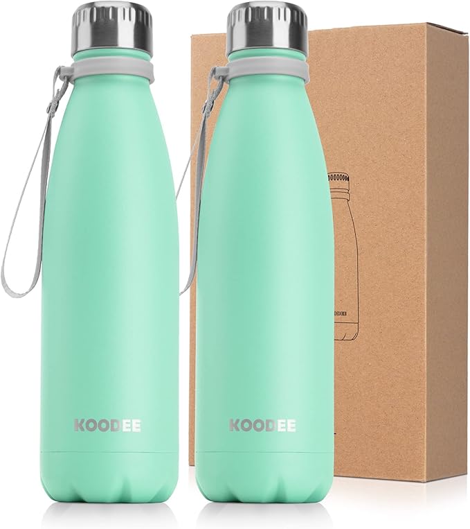 koodee Insulated Water Bottle(2 Pack) 18/8 Stainless Steel Double Wall Vacuum Water Bottle, 17 oz Cola Shape Travel Thermal Flask (2 Pack Aquamarine Blue)