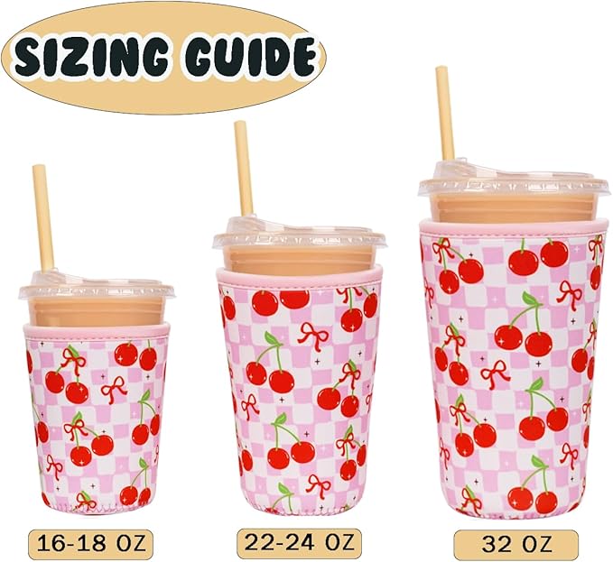 Reusable Insulated Neoprene Iced Coffee Cup Sleeve, Durable Drink Sleeve for Cold Beverages, Beverage Holder for Iced Coffee, Cherry Gleam