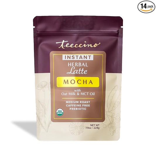 Teeccino Organic Instant Mocha Herbal Latte – 14 Servings – Creamy Oat & Coconut Latte Plus MCT Oil with Chocolaty Cacao & Dates Accenting Roasted Chicory – Prebiotic, Caffeine-Free – 7.9 ounces 