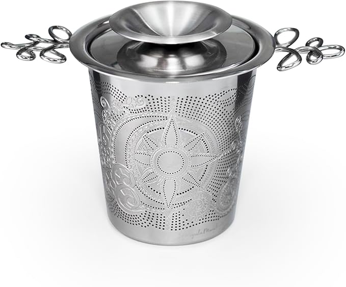 Stainless Steel Tea Infuser Basket - Engraved Floral Strainer with Crystal Chain, Fine Mesh Filter for Loose Leaf Tea, Ergonomic Handle & Gift Box