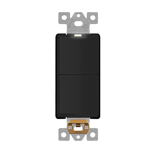 LIDER Minimalist Design Matte Finish Lighted Double Switch, Combination Frameless Decorator Switch with Locator Light, Ground Terminal, Single Pole, 15A 120-277V, UL Listed, LCS2-1P-BK, Black