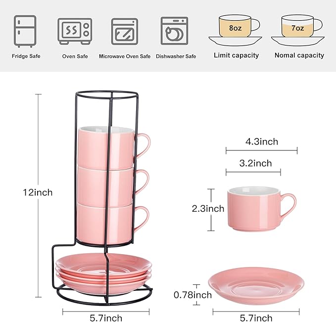 Meichu 8oz Porcelain Stackable Cappuccino Cups with Saucers and Metal Stand Set of 4, Cappuccino Cups Set of 4, Pink Coffee Cups for Espresso, Specialty Coffee Drinks, Latte, Americano and Tea