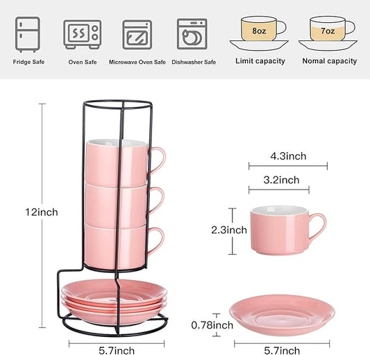 Meichu 8oz Porcelain Stackable Cappuccino Cups with Saucers and Metal Stand Set of 4, Cappuccino Cups Set of 4, Pink Coffee Cups for Espresso, Specialty Coffee Drinks, Latte, Americano and Tea