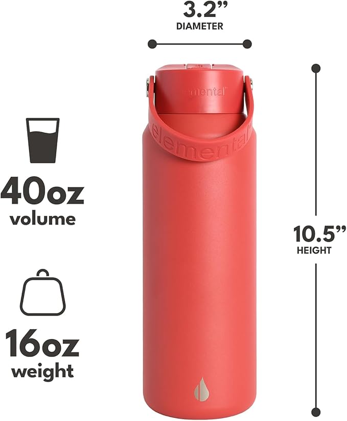 Elemental 40oz Insulated Water Bottle with Straw - 100% Leak-Proof Stainless Steel Core Water Bottles for Travel, Sports and Gym - Double Wall Insulation & BPA Free - Red