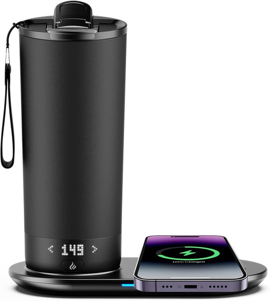 Temperature Control Heated Travel Mug Smart Self Heating Coffee Mug 20 Oz App Controlled LED Display coffee serving sets mug kept at a constant temperature for 4-10 hours (Black, 20 oz)