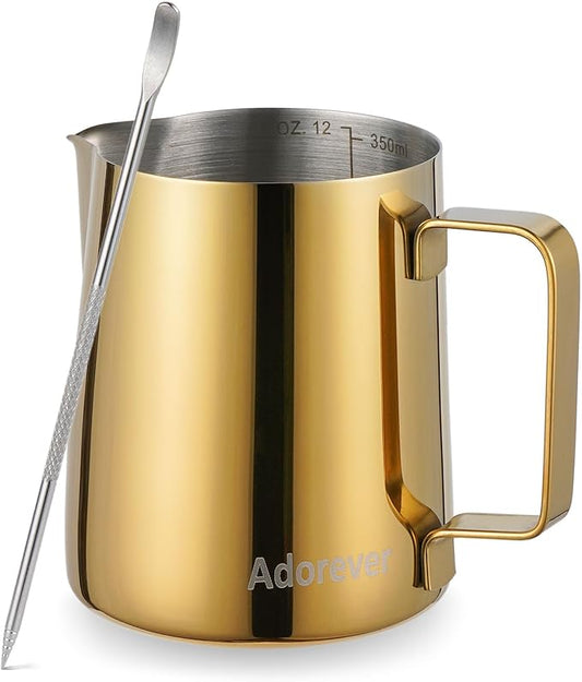 Milk Frothing Pitcher, 350ml (12oz) Steaming Pitchers Stainless Steel Milk Coffee Cappuccino Latte Art Barista Steam Pitchers Milk Jug Cup with Decorating Art Pen, Gold