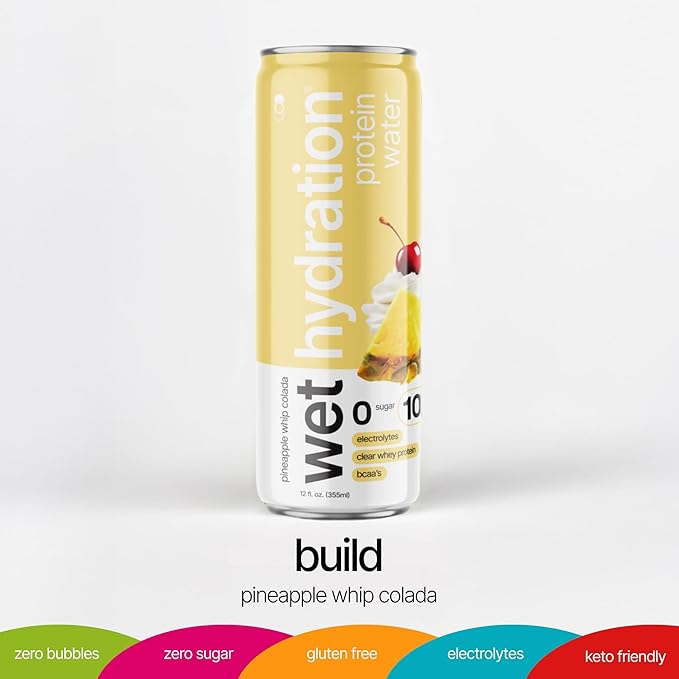 Wet Hydration | Functional Wellness Water, Non-Carbonated - Pineapple Whip Colada (12 fl. oz.| Pack of 12) - Zero Calorie Hydration Drink with Electrolytes, Clear Whey Protein, BCAAs, Protein Water, No Sugar, No Artificial Ingredients