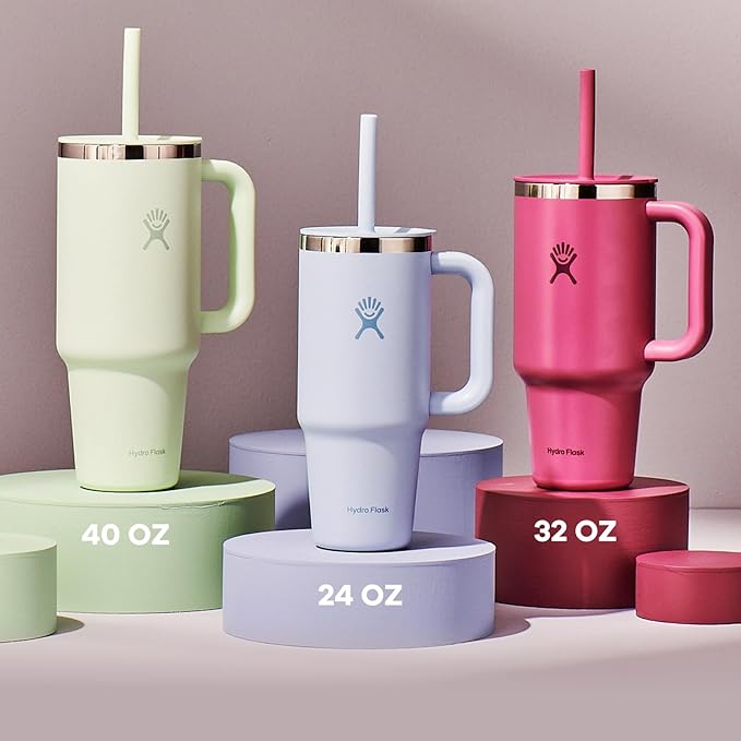 Hydro Flask Travel Tumbler with Handle, Lid and Straw - Insulated Stainless Steel in 24 Oz Aloe