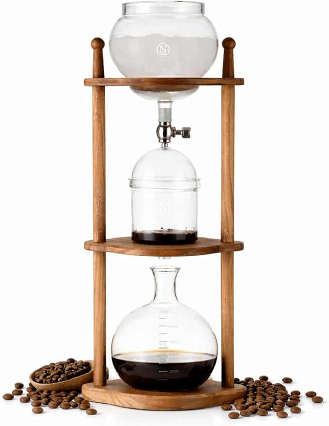 Nispira Cold Brew coffee Maker Ice Coffee Drip Machine with Advanced Slow Drip Technology Borosilicate Glass with Wood Tower, 6-8 Cup, Brown