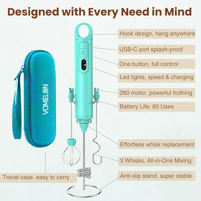 Rechargeable Milk Frother Handheld 3 Speed Coffee Foamer [3 Whisk] Electric Drink Mixer for Latte, Cappuccino, Coffee, Eggs, Hot Chocolate, Mint
