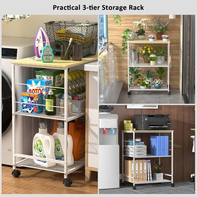 Rolling Kitchen Microwave Cart, 3 Tier Microwave Table Stand with Storage, Kitchen Utility Cart on Lockable Wheels, Small Coffee Station Shelf Rack Organizer for Living Room Office, Balcony
