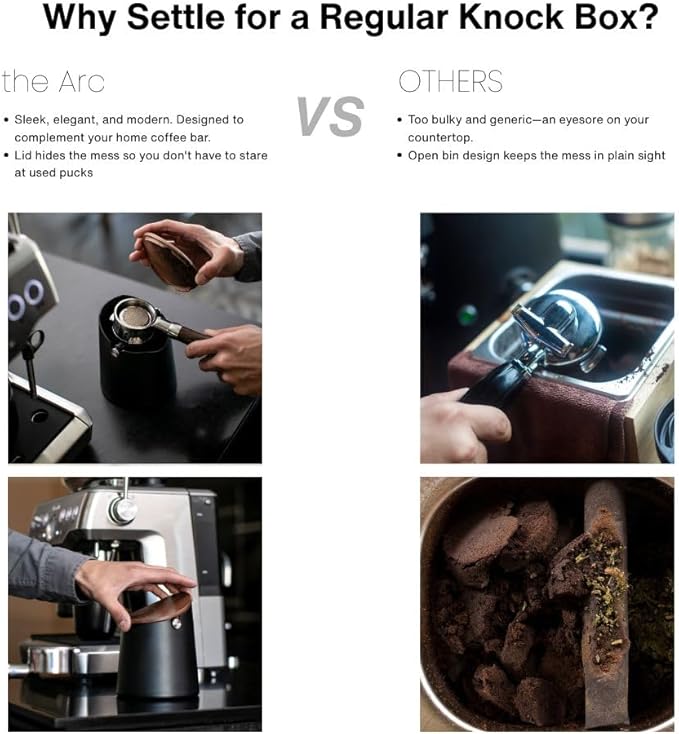 Crema Coffee Products Arc Knock Box | Holds 12–16 Espresso Pucks | Durable Stain Resistant Build with Non Slip Base | Walnut Plastic Lid | Easy Clean Up Moisture Control | Black Finish
