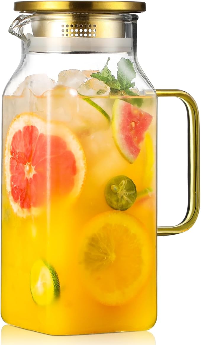 40 oz,1.2Liter Square Glass Pitcher with Lid and Spout, Water Pitchers with Handle for Fridge, Borosilicate Glass Carafe for Hot/Cold Drink, Large Jug for Iced Tea, Coffee, Beverage, Cold