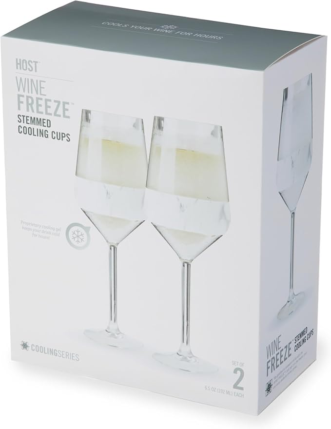 Host Stemmed Wine Glass Freeze Cup, Double Wall Insulated Cooling Tumbler with Freezing Gel, Glasses for Red and White Wine, 6.5 oz, Set of 2, Marble