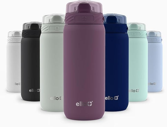 Ello Cooper 18oz Kids Stainless Steel Water Bottle Vacuum Insulated with Straw and Carry Handle, Leak Proof Locking Lid with Soft Silicone Spout, Fits Car Cupholder, Dishwasher Safe, Figgy Pudding