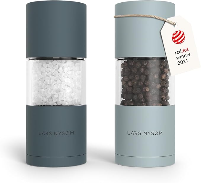 LARS NYSØM Salt and Pepper Mills Set with Adjustable Ceramic Grinder 2 Pieces I Manual Design (Stone Blue/Sky Blue)