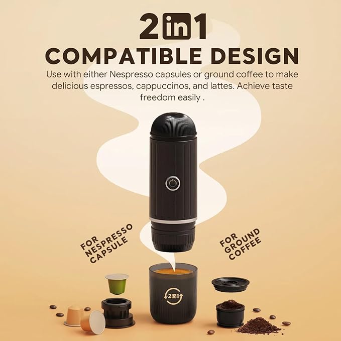 Portable Espresso Machine with 3-4 Min Self-heating, 12V Rechargeable Electric Coffee Machine 19 Bar Compatible with NS Capsules and Ground Coffee for Car Camping Travelling